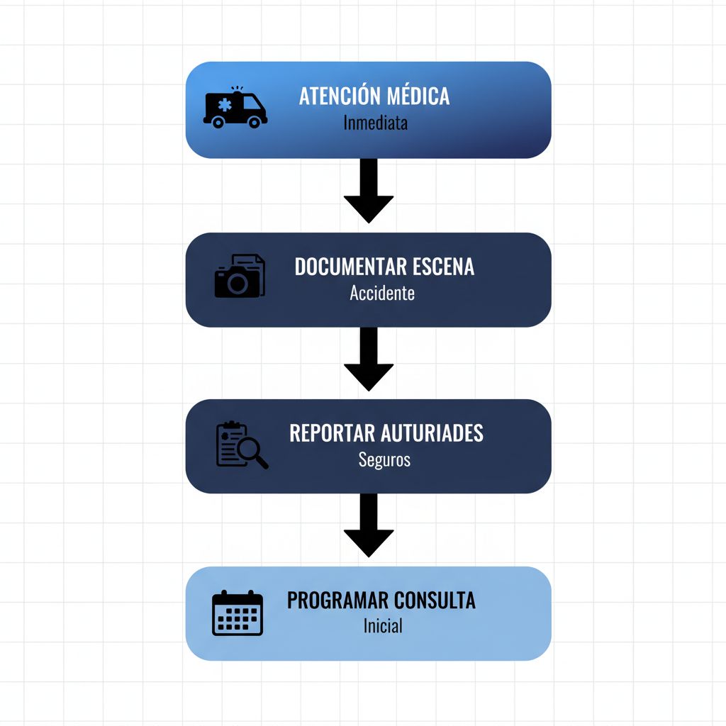 Diagrama de flujo vertical ilustrando cinco pasos iniciales para iniciar un caso de accidente en Long Beach, con iconos y etiquetas breves en español.