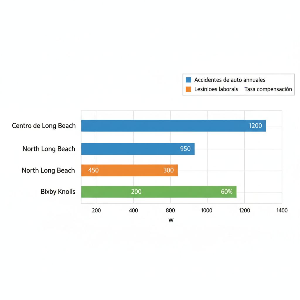 Gráfico de barras comparando estadísticas de accidentes y lesiones en barrios de Long Beach para 2024