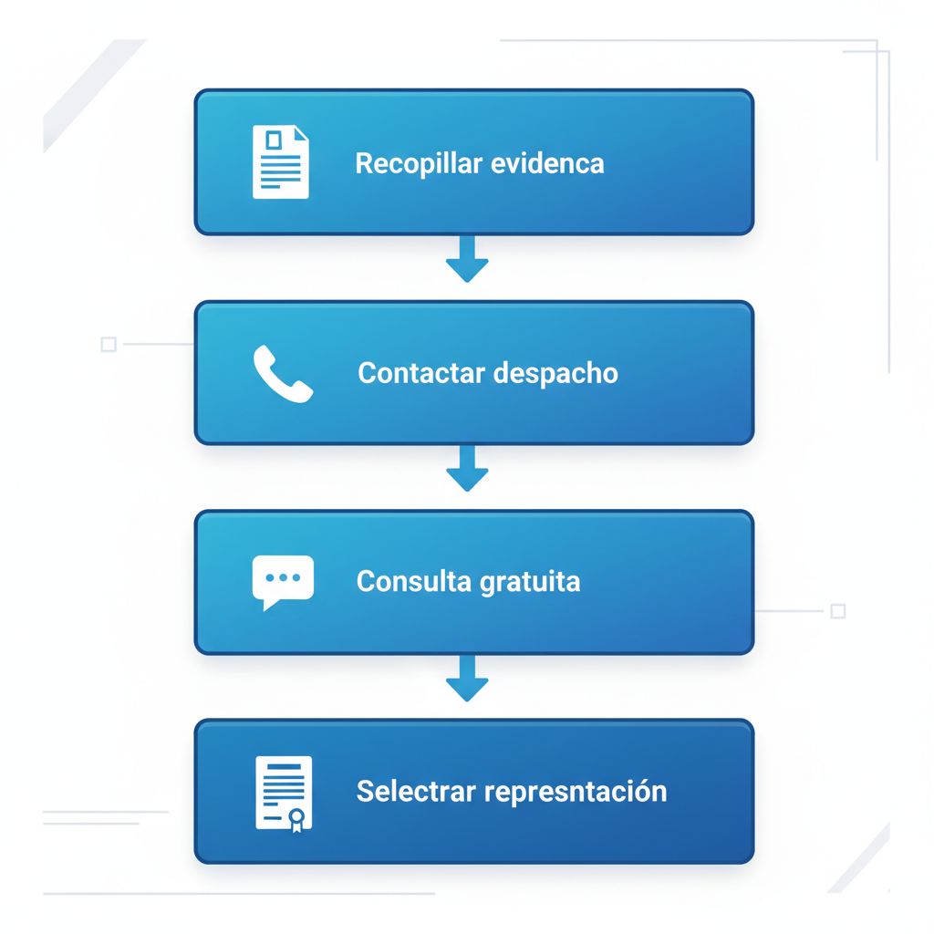 Diagrama de flujo vertical de cuatro etapas para iniciar representación legal por accidentes en Long Beach