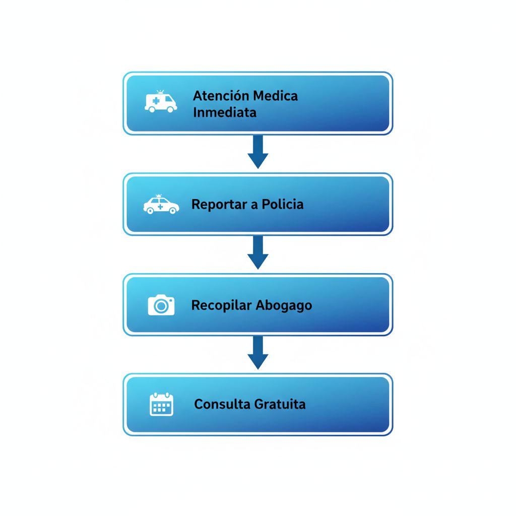 Diagrama de flujo vertical ilustrando los cinco pasos iniciales para reclamos por accidentes de carro en Long Beach con íconos y etapas secuenciales